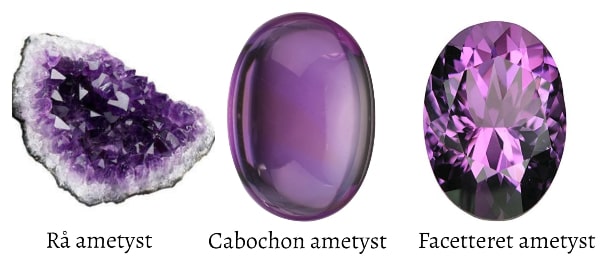 lilla ametyster i rå form som cabochon og med facetter