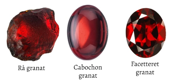 rød granat sten i tre forskellige former