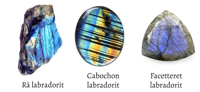 tre labradorit sten som illustrerer stenens smukke labradorecence