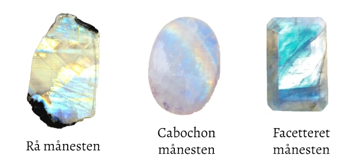 tre forskellige månesten med regbuefarver