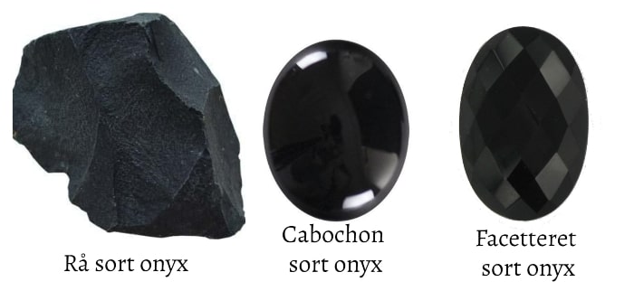 tre sorte onyx sten i rå form som cabochon og med facetter
