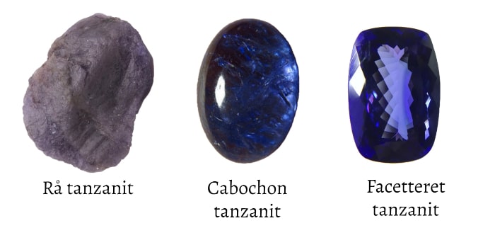 eksempel på tanzanit sten der sort i sin rå form og blå efter varmebehandling
