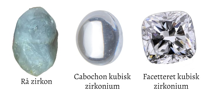rå zirkon sten og kubisk zirkonium i cabochon form og med facetter